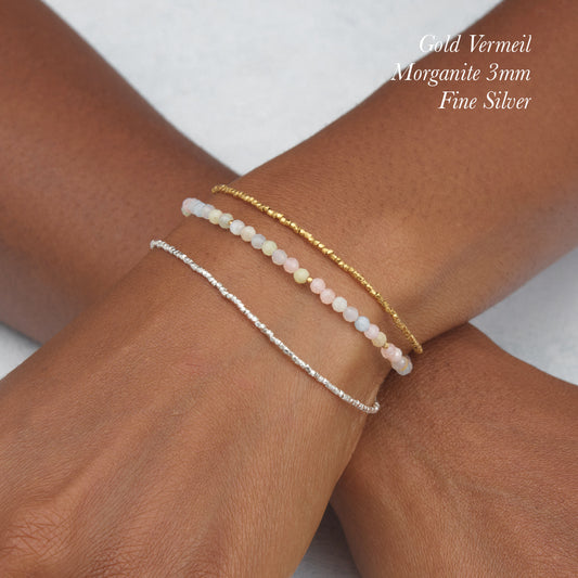 Set Of 3 Dainty Stacking Bracelets (Fine Silver, Morganite & Gold Vermeil)