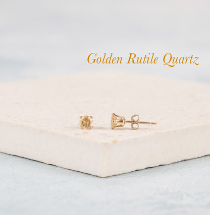Dainty Golden Rutile Quartz Gemstone Stud Earrings