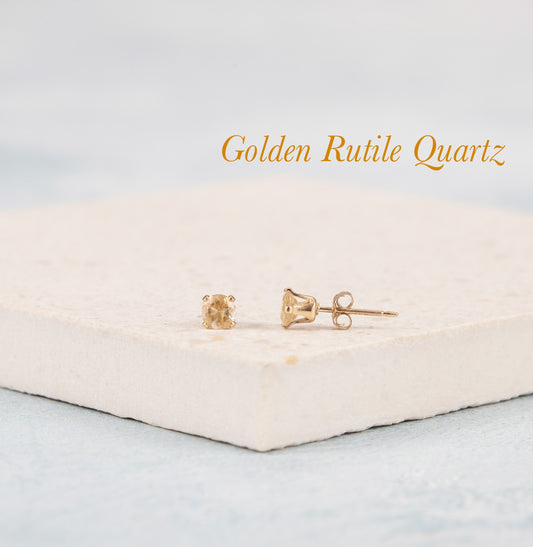 Dainty Golden Rutile Quartz Gemstone Stud Earrings