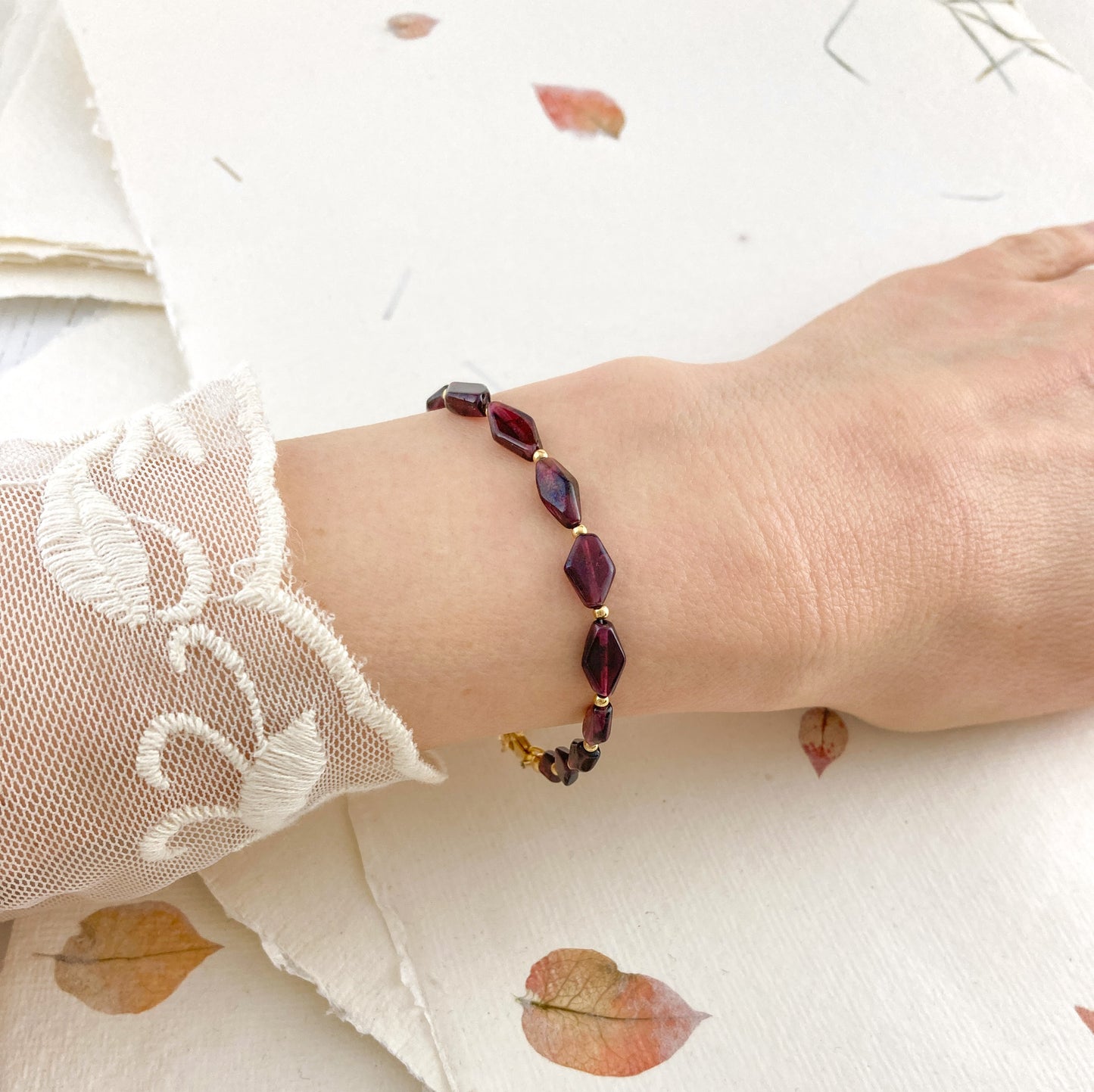 Red Garnet Diamond Bead Bracelet