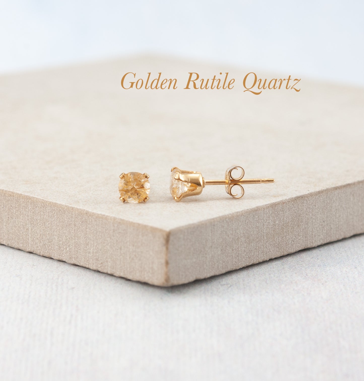 Dainty Golden Rutile Quartz Gemstone Stud Earrings