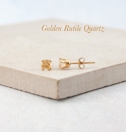 Dainty Golden Rutile Quartz Gemstone Stud Earrings