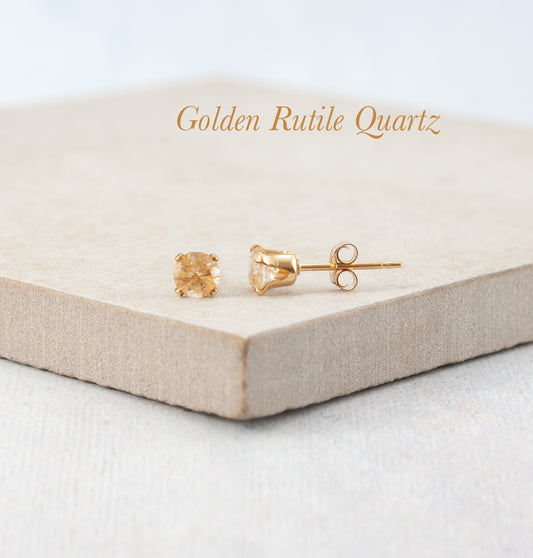 Dainty Golden Rutile Quartz Gemstone Stud Earrings