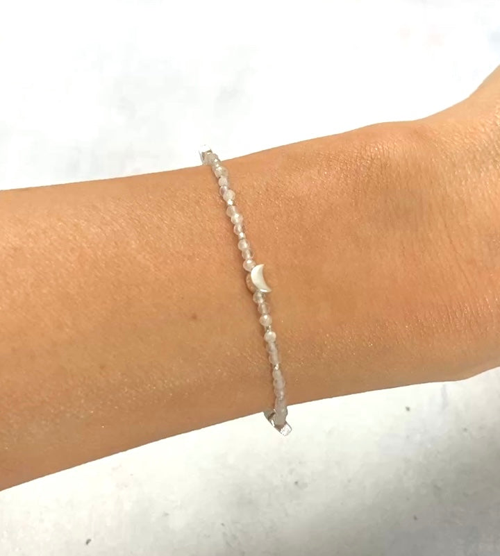 Inner Peace Bracelet - Moonstone & Labradorite Gemstones, Sterling Silver Moon & Stars