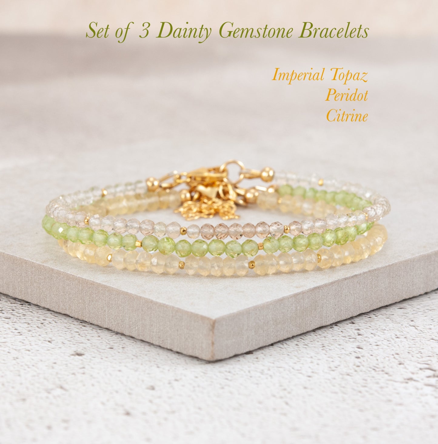 Set Of 3 Dainty Stacking Bracelets (Imperial Topaz, Peridot & Citrine)