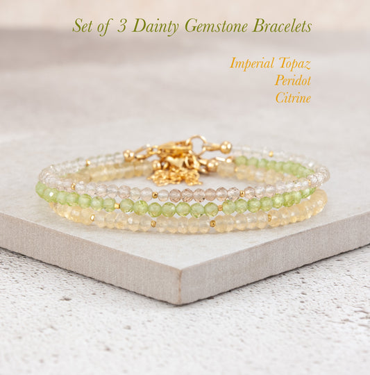 Set Of 3 Dainty Stacking Bracelets (Imperial Topaz, Peridot & Citrine)