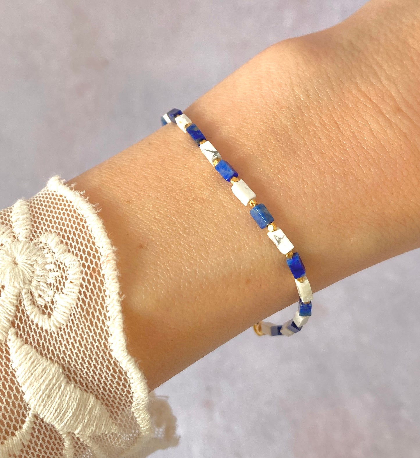 Dainty Lapis Lazuli & Howlite Gemstone Cuboid Bracelet