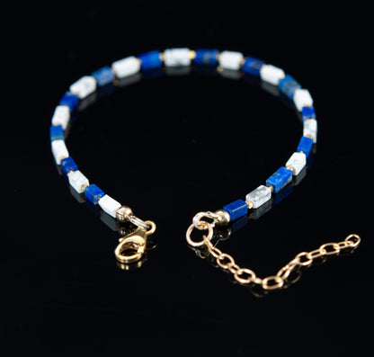 Dainty Lapis Lazuli & Howlite Gemstone Cuboid Bracelet