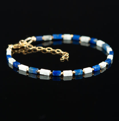 Dainty Lapis Lazuli & Howlite Gemstone Cuboid Bracelet