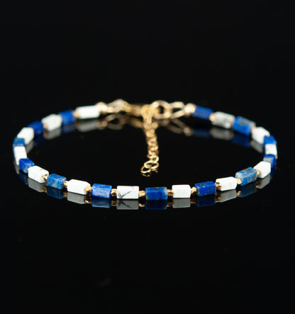 Dainty Lapis Lazuli & Howlite Gemstone Cuboid Bracelet