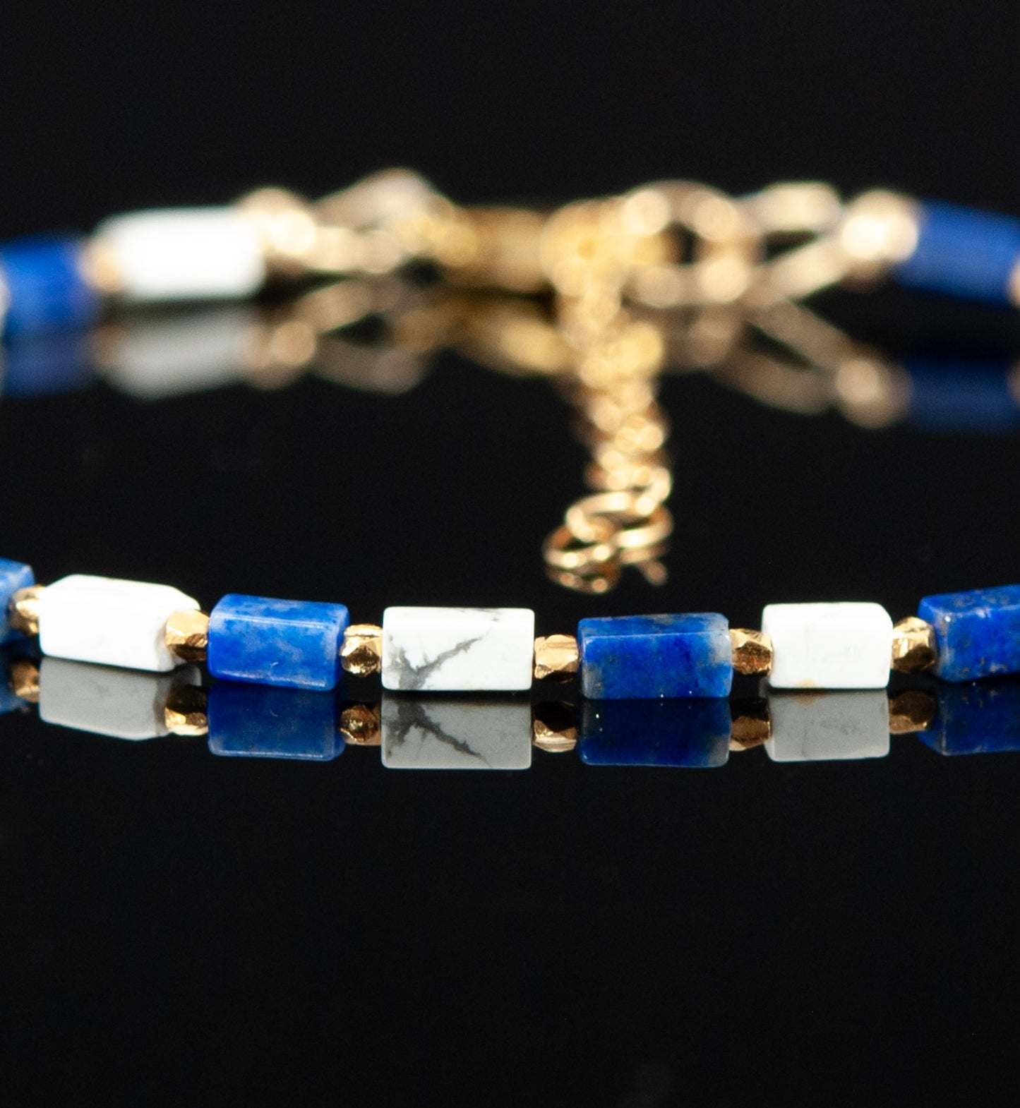 Dainty Lapis Lazuli & Howlite Gemstone Cuboid Bracelet