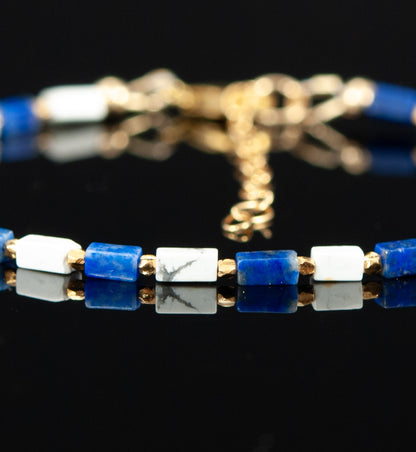 Dainty Lapis Lazuli & Howlite Gemstone Cuboid Bracelet