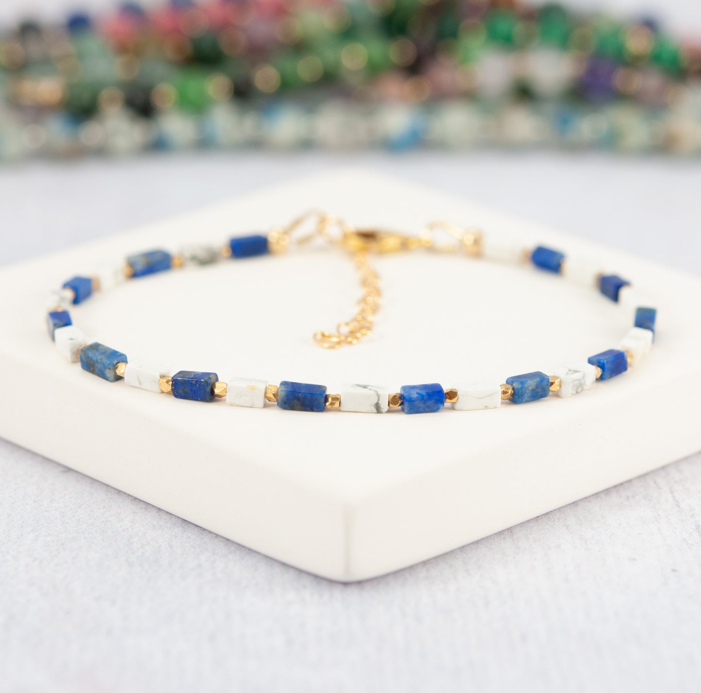 Dainty Lapis Lazuli & Howlite Gemstone Cuboid Bracelet