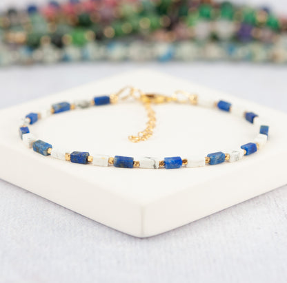 Dainty Lapis Lazuli & Howlite Gemstone Cuboid Bracelet
