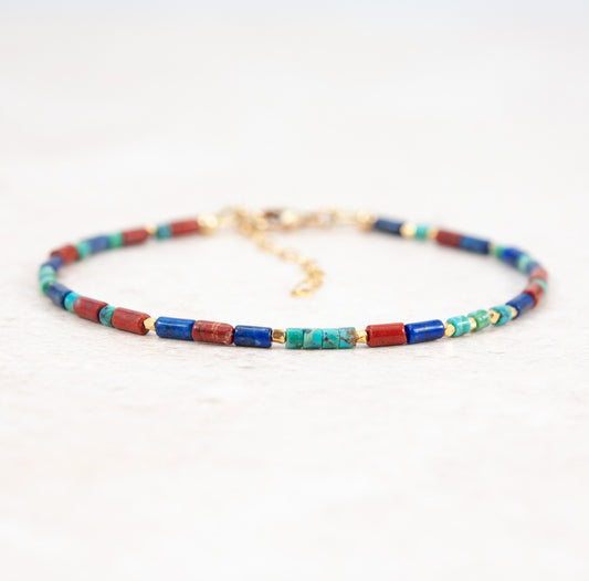 Lapis Lazuli, Turquoise & Red Jasper Gemstone Tube Bead Bracelet