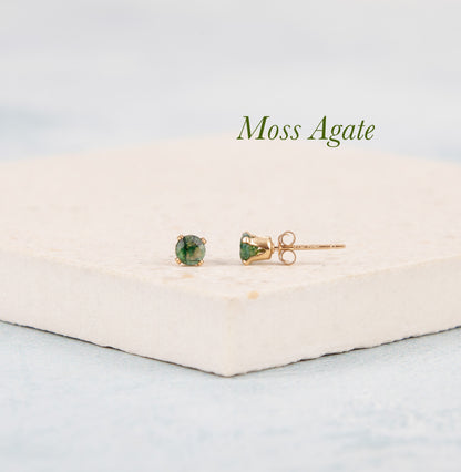 Dainty Moss Agate Gemstone Stud Earrings