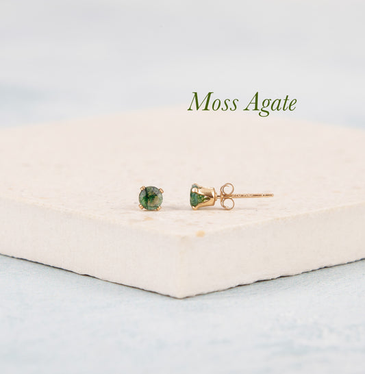 Dainty Moss Agate Gemstone Stud Earrings