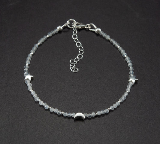 Inner Peace Bracelet - Moonstone & Labradorite Gemstones, Sterling Silver Moon & Stars