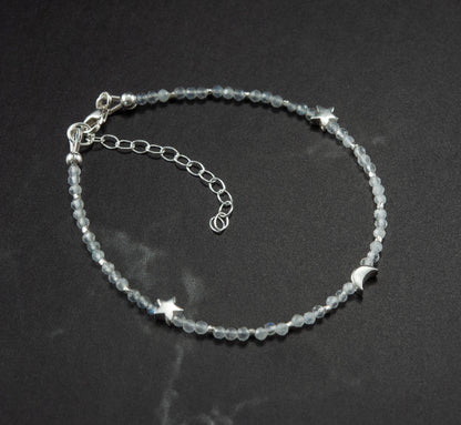 Inner Peace Bracelet - Moonstone & Labradorite Gemstones, Sterling Silver Moon & Stars