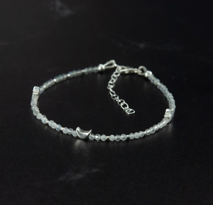 Inner Peace Bracelet - Moonstone & Labradorite Gemstones, Sterling Silver Moon & Stars