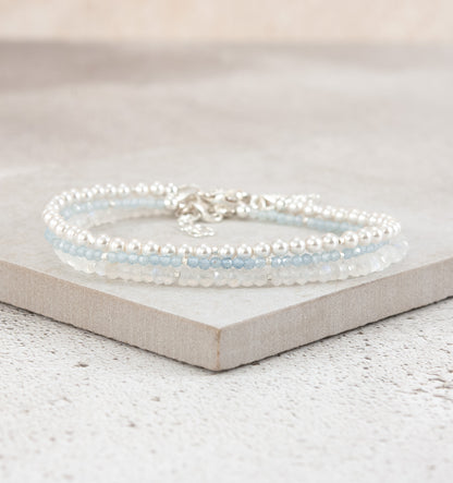 Set Of 3 Dainty Stacking Bracelets (Pearl, Aquamarine & Rainbow Moonstone)