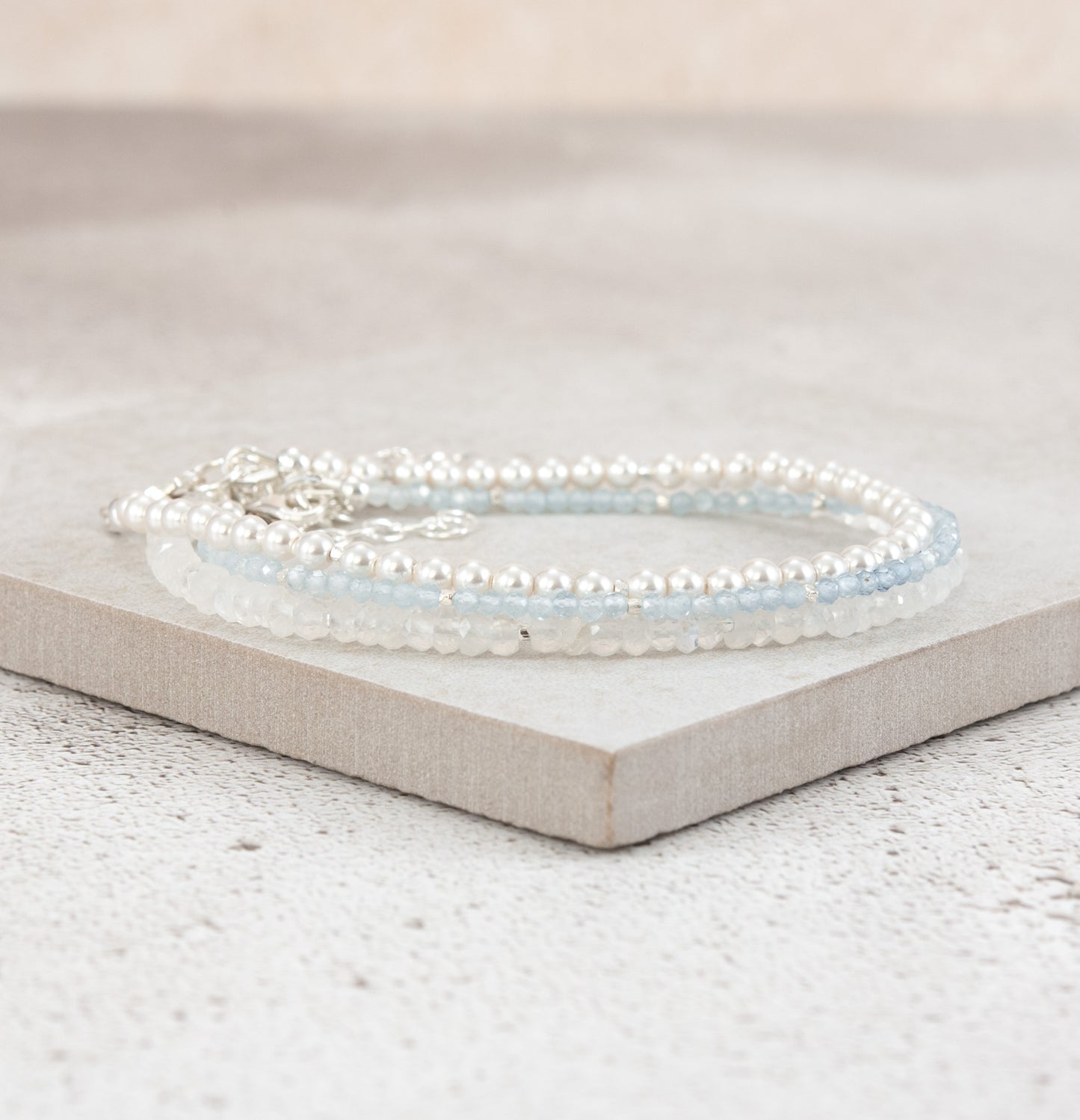 Set Of 3 Dainty Stacking Bracelets (Pearl, Aquamarine & Rainbow Moonstone)