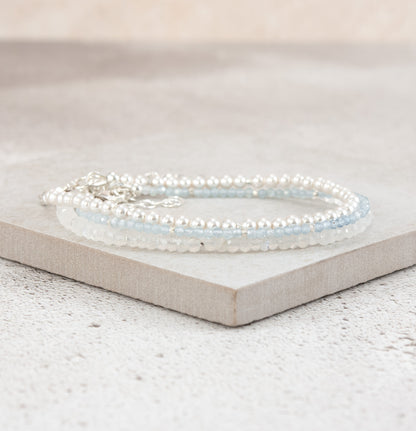 Set Of 3 Dainty Stacking Bracelets (Pearl, Aquamarine & Rainbow Moonstone)