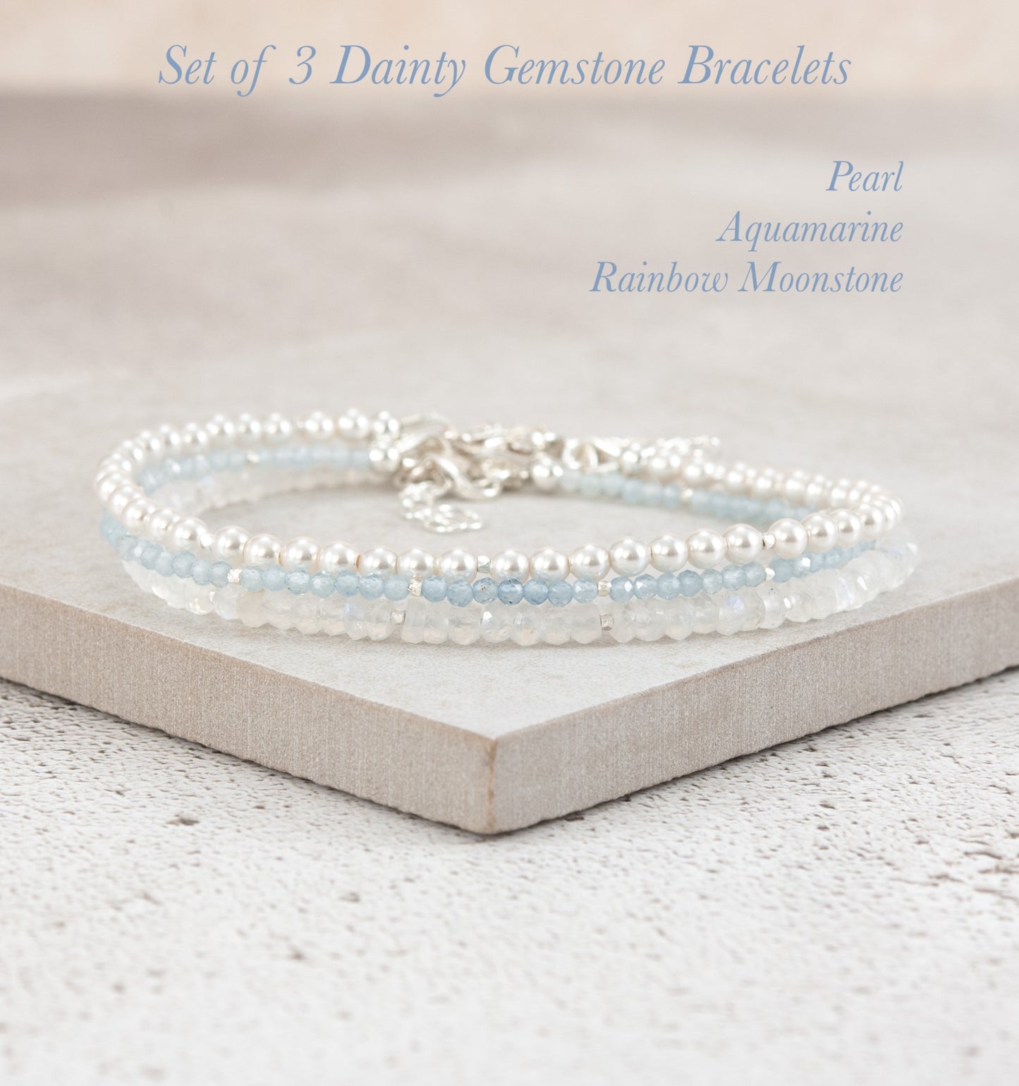 Set Of 3 Dainty Stacking Bracelets (Pearl, Aquamarine & Rainbow Moonstone)
