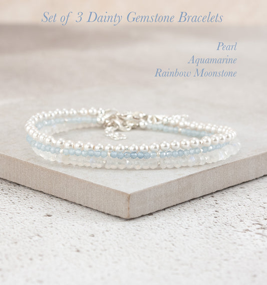 Set Of 3 Dainty Stacking Bracelets (Pearl, Aquamarine & Rainbow Moonstone)
