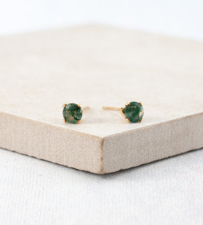 Dainty Moss Agate Gemstone Stud Earrings