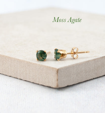 Dainty Moss Agate Gemstone Stud Earrings