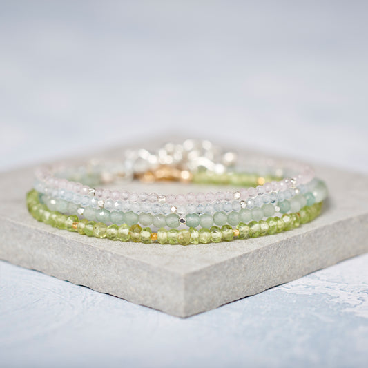 Set Of 4 Dainty Gemstone Stacking Bracelets - Aquamarine, Aventurine, Peridot & Rose Quartz