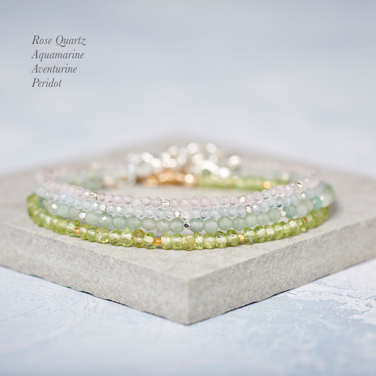 Set Of 4 Dainty Gemstone Stacking Bracelets - Aquamarine, Aventurine, Peridot & Rose Quartz