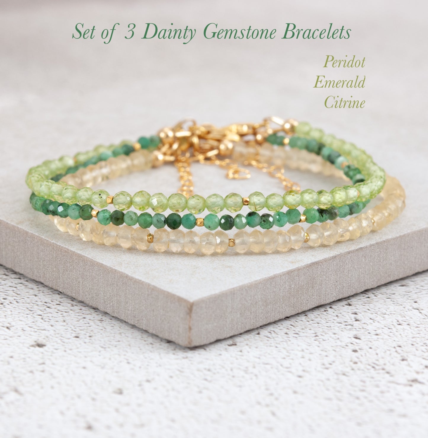 Set Of 3 Dainty Stacking Bracelets (Peridot, Emerald & Citrine)