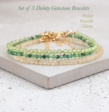 Set Of 3 Dainty Stacking Bracelets (Peridot, Emerald & Citrine)