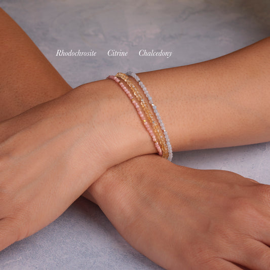 Set Of 3 Dainty Gemstone Stacking Bracelets - Rhodochrosite, Citrine & Chalcedony