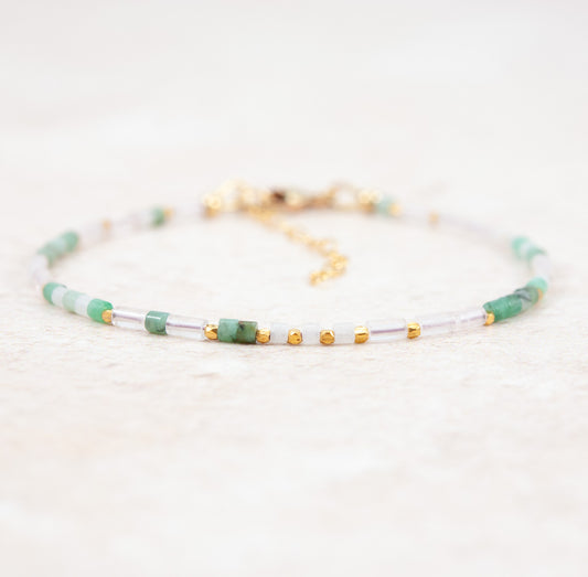 Friendship Gemstone Bracelet -  Rose Quartz, Emerald & White Jade
