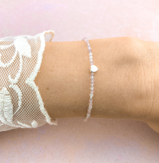 Rose Quartz with Sterling Silver Heart Dainty Bracelet