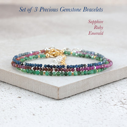 Set Of 3 Dainty Stacking Bracelets (Sapphire, Ruby & Emerald)