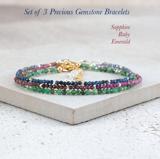 Set Of 3 Dainty Stacking Bracelets (Sapphire, Ruby & Emerald)