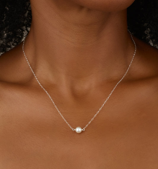 Dainty Solitaire Pearl & Silver Necklace