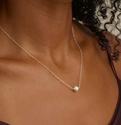Dainty Solitaire Pearl & Silver Necklace