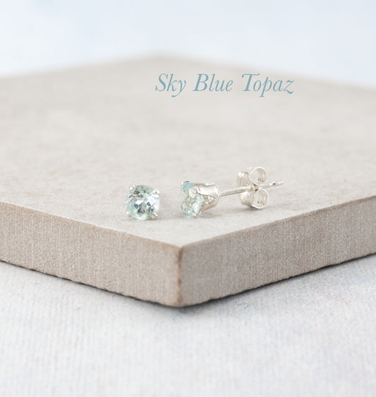 Dainty Sky Blue Topaz Gemstone Stud Earrings
