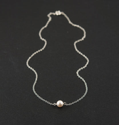 Dainty Solitaire Pearl & Silver Necklace