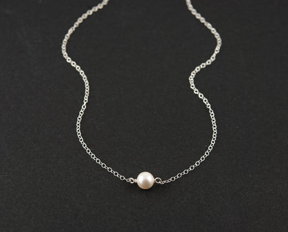 Dainty Solitaire Pearl & Silver Necklace