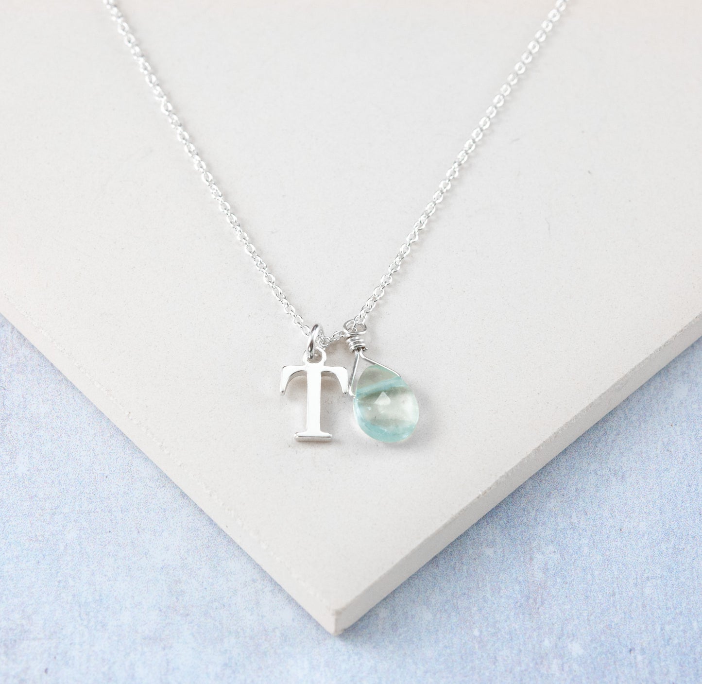 Initial & Aquamarine Droplet March Birthstone Necklace