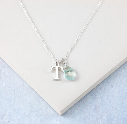 Initial & Aquamarine Droplet March Birthstone Necklace