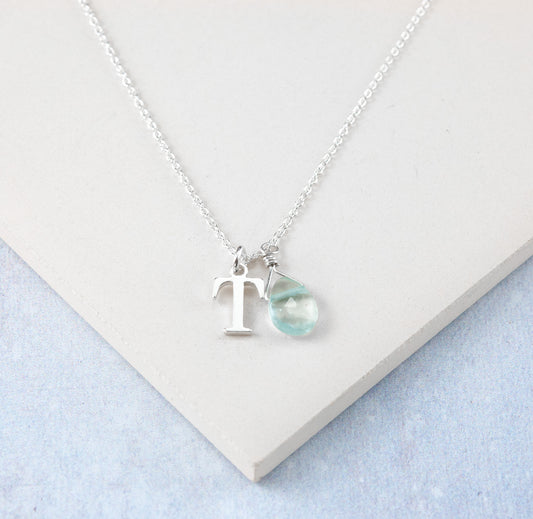 Initial & Aquamarine Droplet March Birthstone Necklace