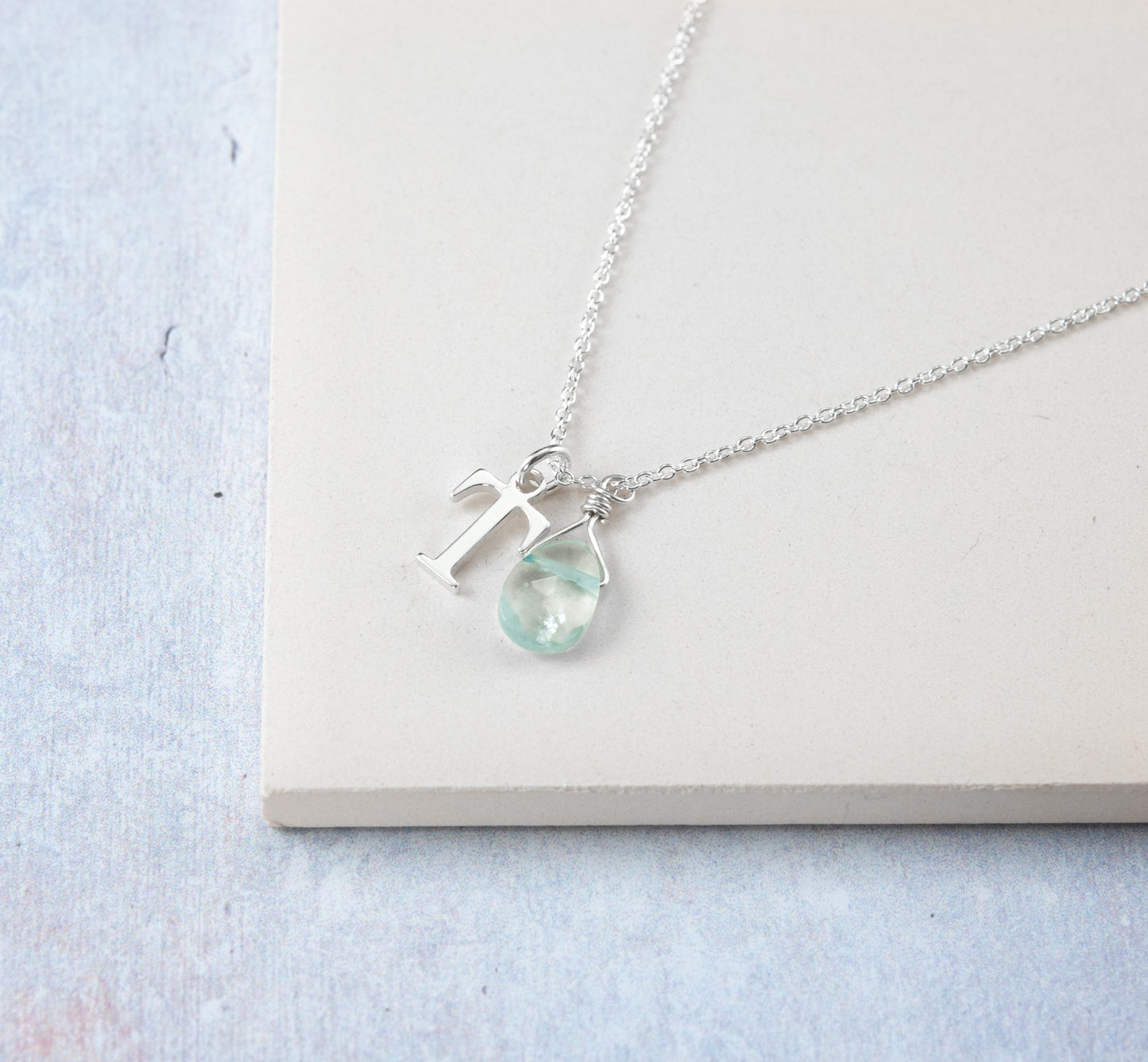 Initial & Aquamarine Droplet March Birthstone Necklace