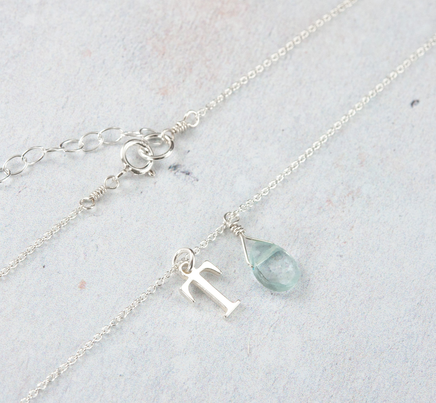 Initial & Aquamarine Droplet March Birthstone Necklace